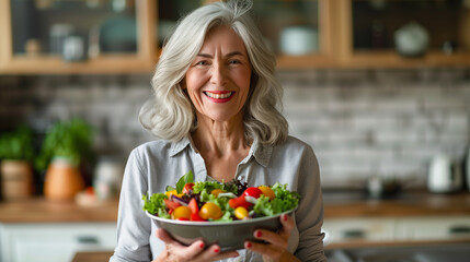 Aged woman smiling happily and holding a healthy vegetable salad bowl on blurred kitchen background Copy Space healthy lifestyle vegan cooking at home