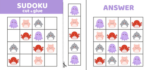 Sudoku with four sea animals. Squishmallow. Game puzzle for kids. Cut and glue. Cartoon