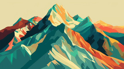 A geometric, stylized illustration of mountain peaks in a range of warm and cool hues evoking a sense of adventure and natural beauty - obrazy, fototapety, plakaty
