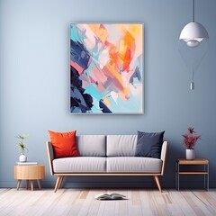 Abstract painting.Yellow blue Color graphics and collage. Painting in the interior.