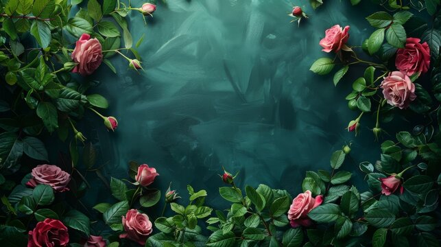 A beautiful banner adorned with blooming roses and lush greenery,  creating an enchanting frame with an open center ideal for personalized additions