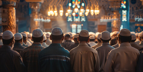 People praying inside a mosque on the occasion of eid ul fitr. - obrazy, fototapety, plakaty