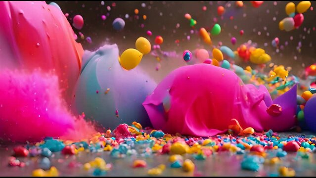 Colorful paint splashes in motion, an explosion of vibrant colors on a black background. A dynamic splash and streamer of ink or colored powder falling down on the floor. Color drips, an explosion of 