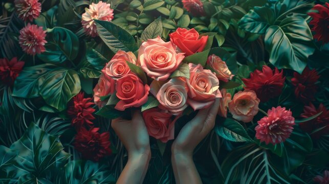 A beautiful floral frame composition composed of vibrant roses and intricate foliage,  surrounding a spacious area ideal for personalized additions