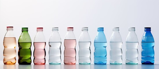 Multiple plastic containers filled with water are neatly arranged in a straight line, ready for hydration