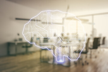 Double exposure of creative human brain microcircuit hologram on a modern furnished office interior...