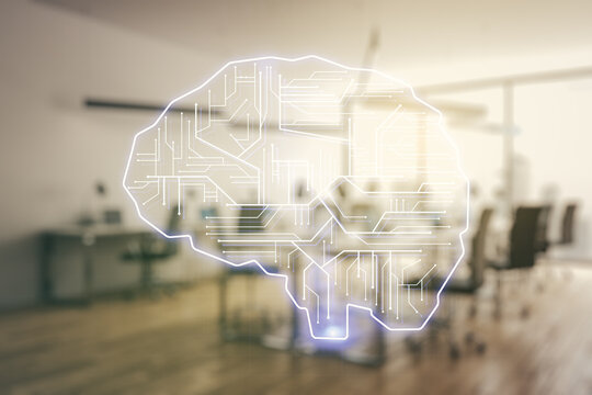 Double exposure of creative human brain microcircuit hologram on a modern furnished office interior background. Future technology and AI concept