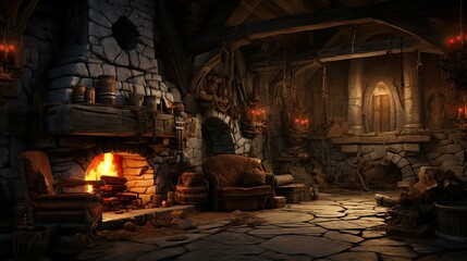 Fototapeta premium Fireplace in the old abandoned house. AI generated art illustration.