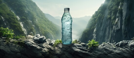 A bottle of water rests on a rock amidst the breathtaking natural landscape of the mountain, surrounded by plants and clouds in the sky - obrazy, fototapety, plakaty