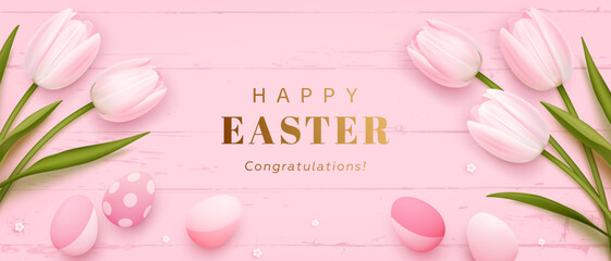 Happy easter horizontal greeting card or web banner with realistic 3d tulips, easter eggs and golden text on pink background. Festive elegant wallpaper. Vector illustrations