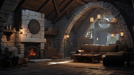 Obraz premium Fireplace in the old abandoned house. AI generated art illustration.