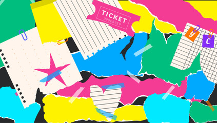 Collection and set of torn sheets of paper. Collage in trendy design and vibrant colors. Elements and figures. scrapbook and notepad. Vector illustration. Y2k. Text and line. Retro and old items