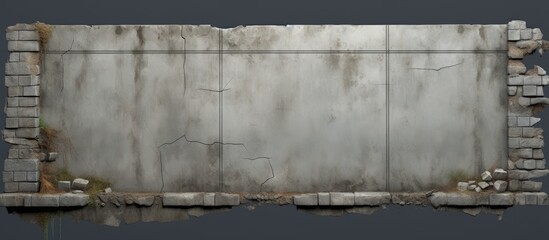 A 3D model featuring a rectangular concrete wall with a brick wall in the background, set against a...