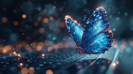 Abstract polygonal butterfly flying out of a laptop's display. Blue low poly wireframe modern illustration. Faster internet connection concept. Polygons, particles, and connected dots. - obrazy, fototapety, plakaty