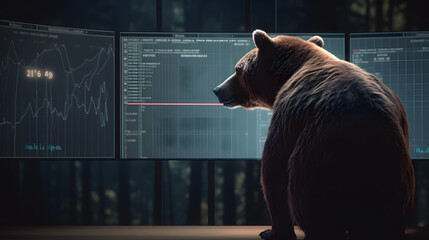 a bear holds up a stock quote while looking at a screen - obrazy, fototapety, plakaty