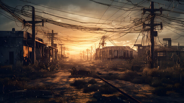 3d low pixel dark skyscapes with twisted power lines and buildings