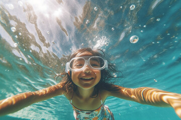 Happy child swimming underwater taking a selfie with goggle on