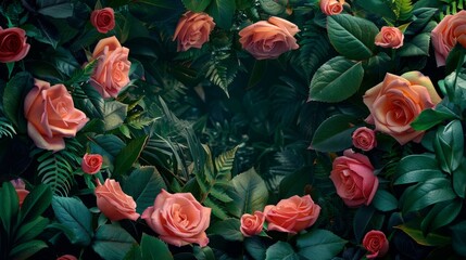 A charming floral frame composition composed of vibrant roses and lush foliage,  enveloping a central void ideal for incorporating bespoke content