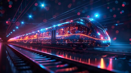 A dark blue polygonal 3D wireframe of a modern train at a railway station or metro station. The digital modern mesh resembles a starry sky. I imagine that the train is a rapid transit system, - obrazy, fototapety, plakaty