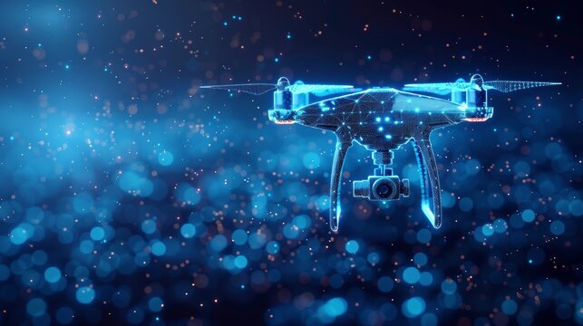 This is a digital modern 3d illustration of a drone with camera in dark blue. Drone videography, aerial photography, modern technology concept. Simple low poly quadcopter with dots, lines, stars, and