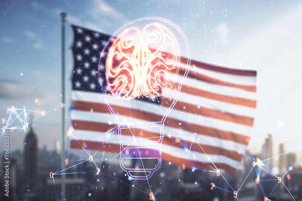 Poster double exposure of abstract virtual creative light bulb hologram with human brain on usa flag and bl