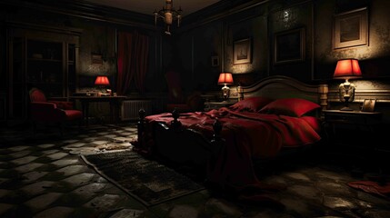 Vampire's Gothic Mansion Bedroom Environment - Interior. AI generated art illustration.	 