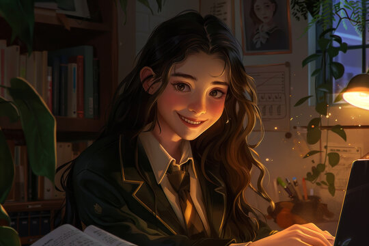 A detailed image of a beautiful girl in a school uniform, her face lit up by the soft light as she smiles at the camera