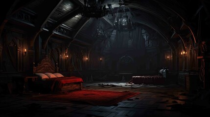 Vampire's Gothic Mansion Bedroom Environment - Interior. AI generated art illustration.	  - obrazy, fototapety, plakaty