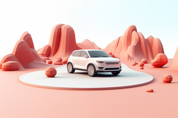 a car on a round platform in a desert - obrazy, fototapety, plakaty
