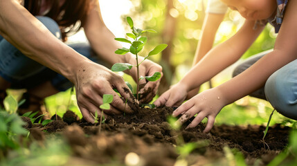 Fototapeta premium Family Planting Young Tree Together Outdoors 