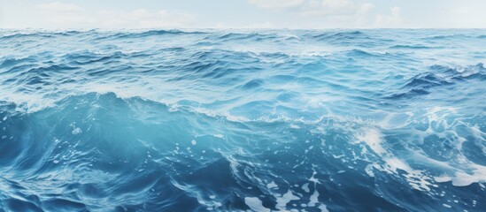 An azure liquid landscape with waves crashing onto the shore, the horizon meeting the fluid aqua...