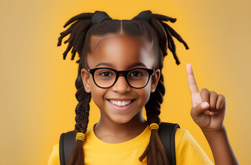 A little girl with glasses, a schoolgirl, is getting ready for school, enjoying her first lessons. On a yellow background. - Powered by Adobe
