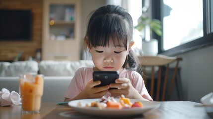 Child Absorbed by Smartphone at Mealtime, young Asian girl focused on her mobile phone, ignoring the plate of fruit in front of her in a bright living room - obrazy, fototapety, plakaty