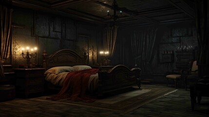 Obraz na płótnie Canvas Vampire's Gothic Mansion Bedroom Environment - Interior. AI generated art illustration. 