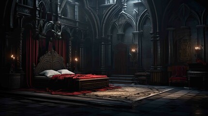 Vampire's Gothic Mansion Bedroom Environment - Interior. AI generated art illustration.	 
