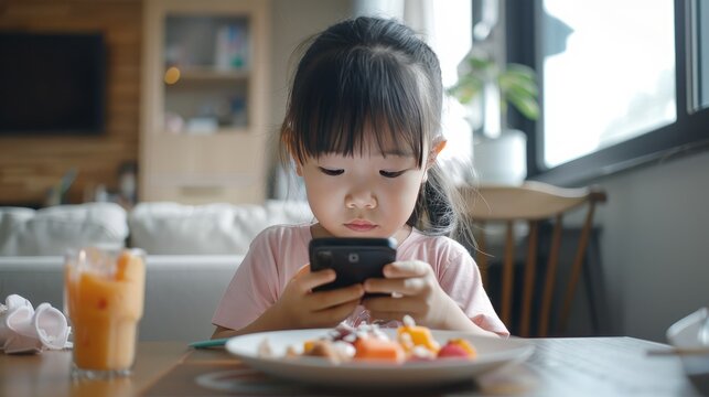 Child Absorbed by Smartphone at Mealtime, young Asian girl focused on her mobile phone, ignoring the plate of fruit in front of her in a bright living room