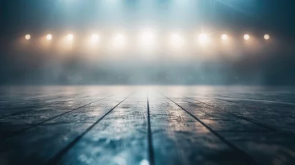 Foto op Plexiglas Spotlit Empty Wooden Stage, atmospheric empty stage bathed in the glow of spotlights, with a focus on the textured wooden floor © Viktorikus