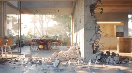 Sunlit Modern Home Undergoing Renovation, sleek modern home bathed in golden sunlight undergoes a dynamic transformation, with a partially demolished concrete wall revealing the construction process - obrazy, fototapety, plakaty