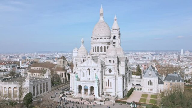 Sacre Coeur, Montmartre in Paris, France. Aerial sideways