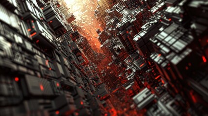 Cyberpunk City Inferno, dystopian cyberpunk cityscape ablaze, with deep red and orange hues contrasting against the intricate dark architecture