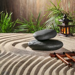 Zen Garden Tranquility - Balanced Stones, Sand Patterns, Bamboo, and Lantern