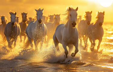 A herd of white horses galloping across the water, with sunlight shining on their hair and creating beautiful light effects
