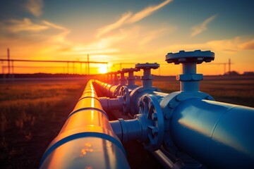 a blue pipes with a sunset in the background - obrazy, fototapety, plakaty