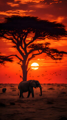 Fototapeta na wymiar Ethereal Sundown: Majestic Elephants, Zebras and Birds Amidst the African Savannah Landscape