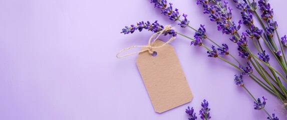 A blank tag mockup on lavender flowers, with copy space for text and a textured rustic background. Lavender flowers with empty gift tag on purple background, flat lay banner for commercial advertising