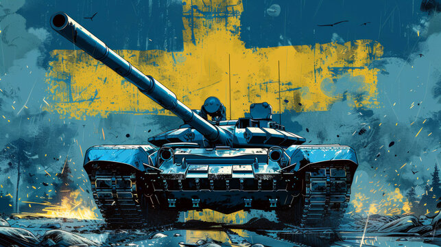 Dynamic Battle Scene: Futuristic Tank Roaring into Action Amidst Explosive Conflict