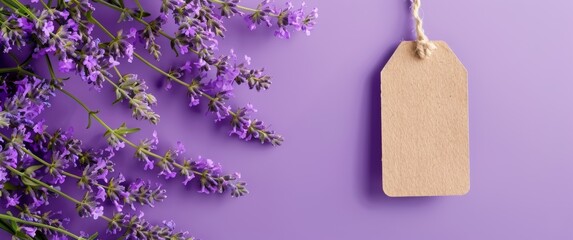 A blank tag mockup on lavender flowers, with copy space for text and a textured rustic background. Lavender flowers with empty gift tag on purple background, flat lay banner for commercial advertising