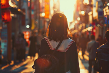 A detailed image of a beautiful girl in a school uniform, her face lit up by the warm light as she walks down a bustling city street
