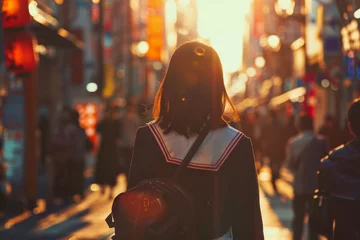 Foto op Plexiglas A detailed image of a beautiful girl in a school uniform, her face lit up by the warm light as she walks down a bustling city street © mila103