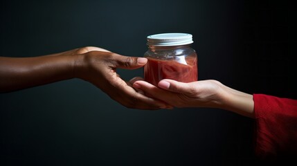 Close-up of the hand of a needy person and a volunteer with food on a black background. Charity, food aid, Assistance to Those in Need. - obrazy, fototapety, plakaty